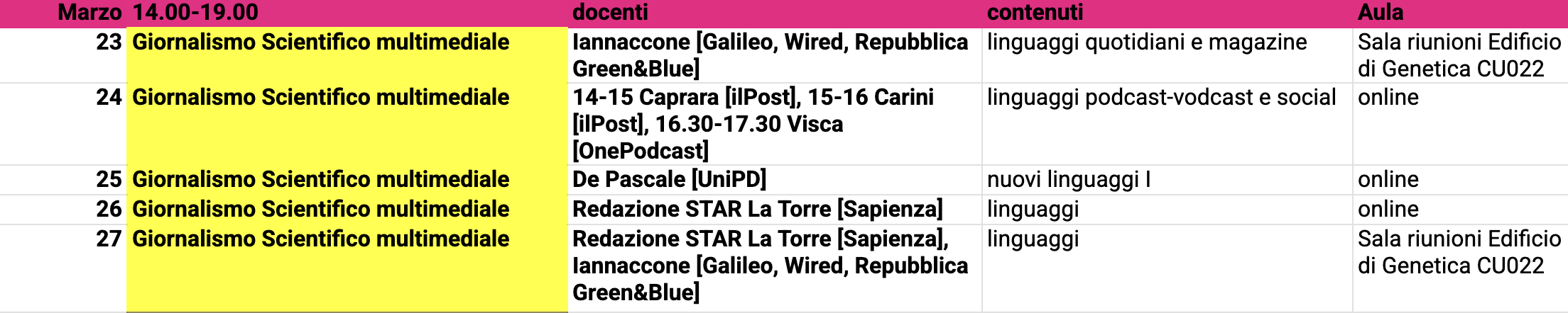 settimana lezioni master marzo